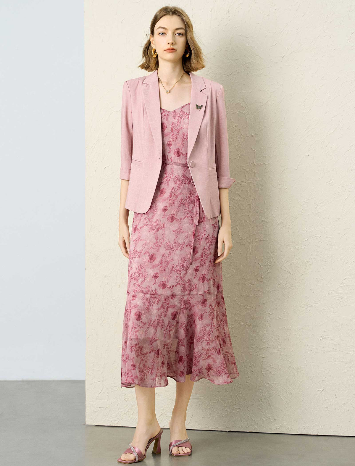 Dusty Pink Floral Print Adjustable Strap Tie Waist Midi Slip Dress