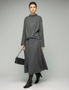 Wool Blend Elastic-Waist A-Line Midi Skirt