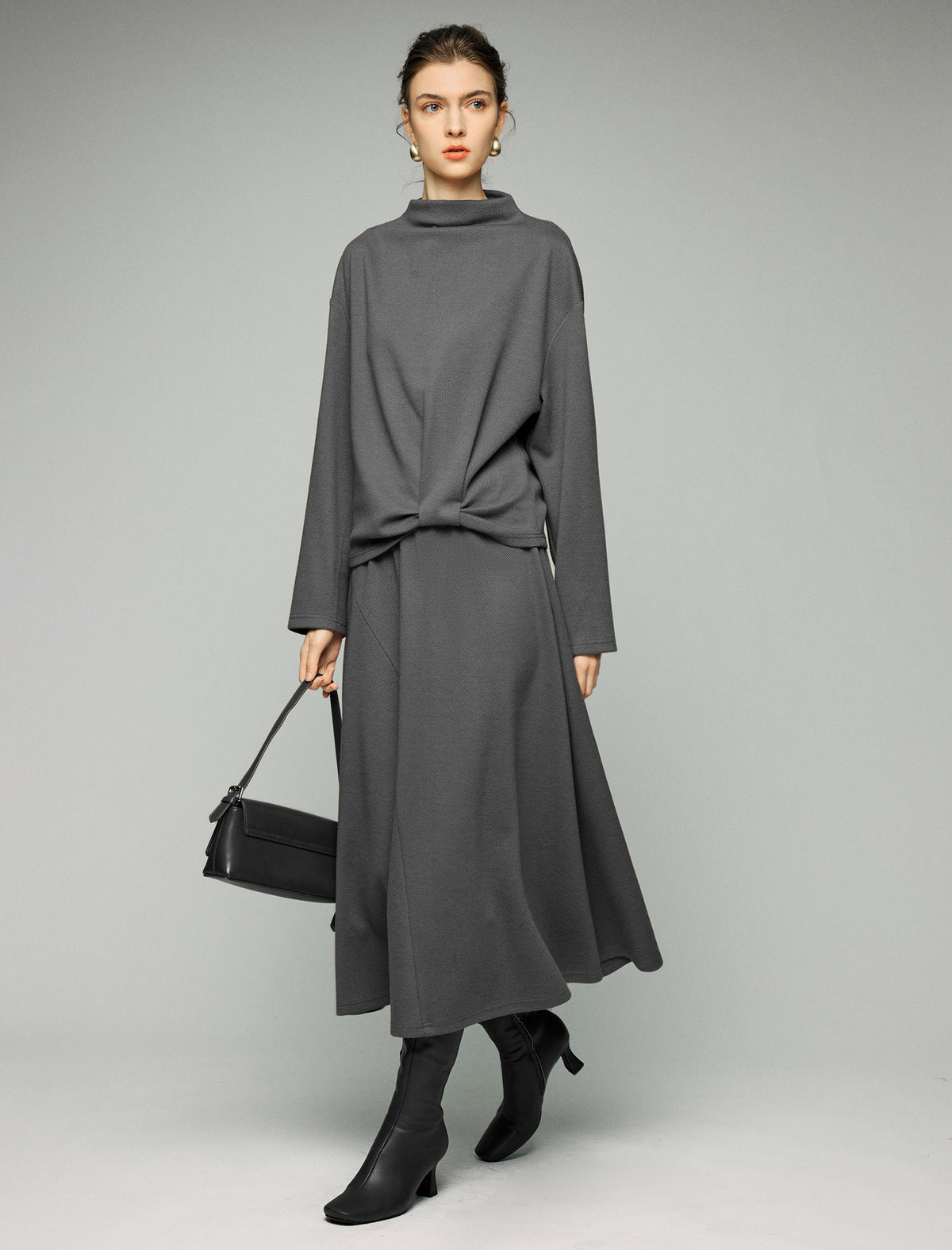 Wool Blend Elastic-Waist A-Line Midi Skirt