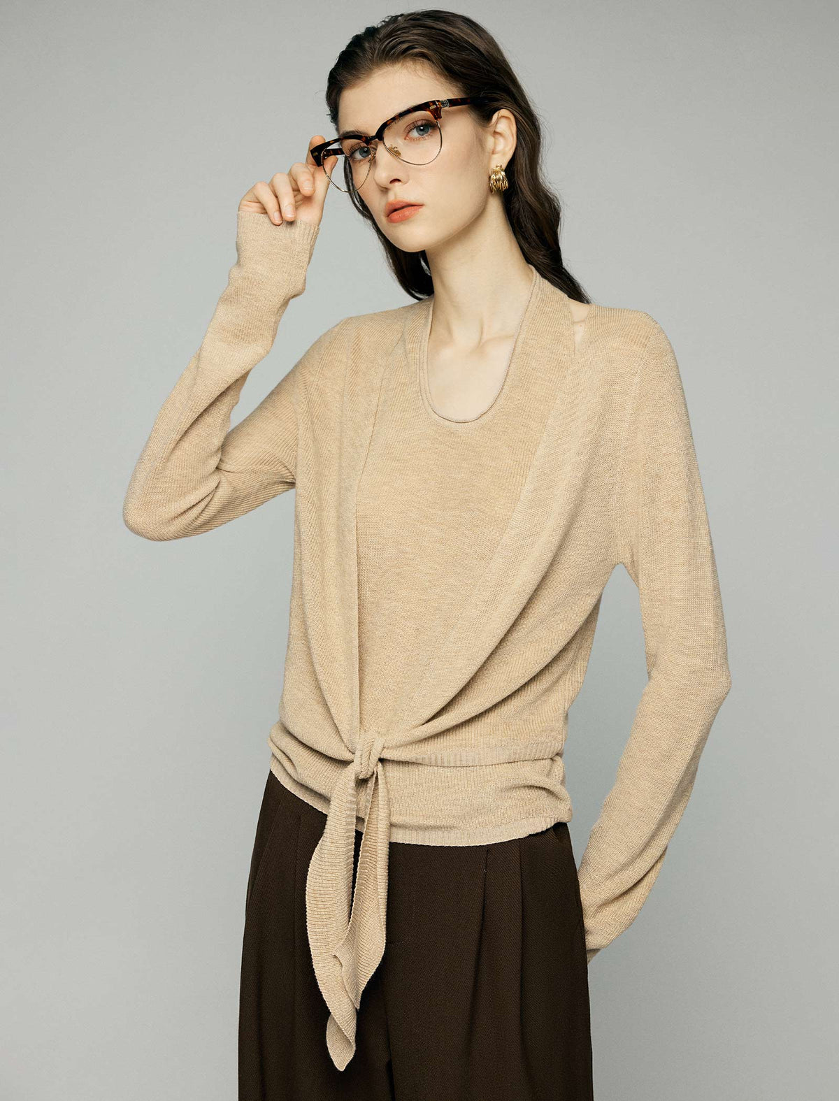 Layered Tie Front Long Sleeve Knit Top