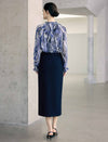 Abstract Floral Print Long Sleeve Office Blouse