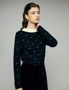 Wool Blend Polka Dot Contrast-Collar Fitted Top