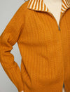 Striped-Collar Cable-Knit Long Sleeve Zip-Front Cardigan
