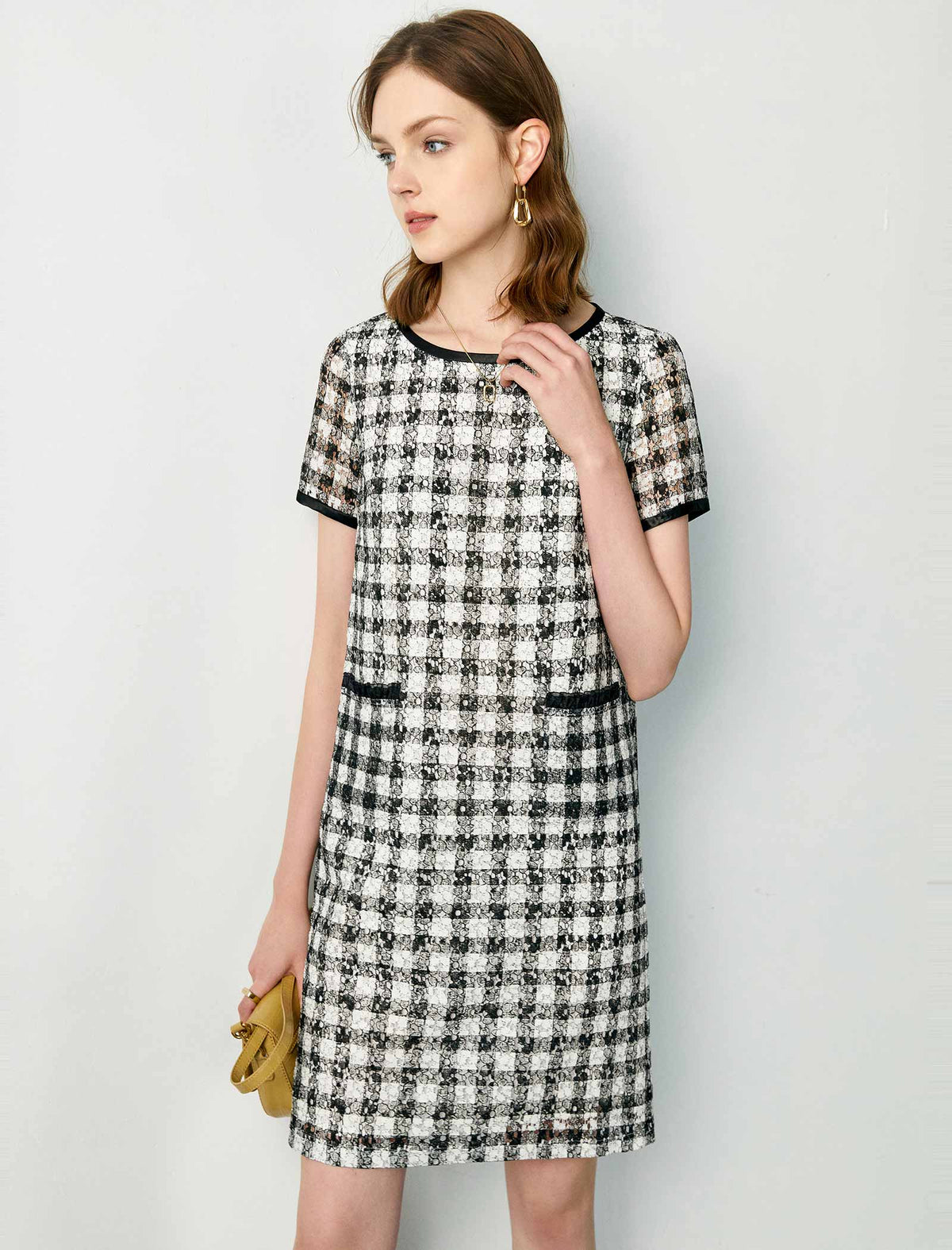 Plaid Lace Straight Short Sleeve Dress