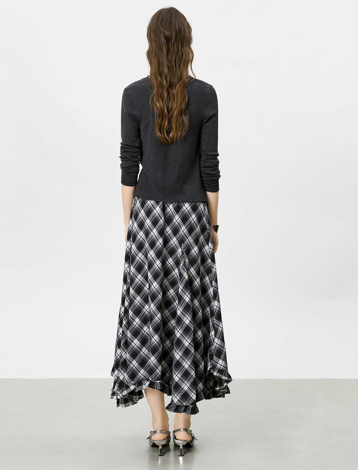 Black And White Plaid Ruffled Midi Skirt