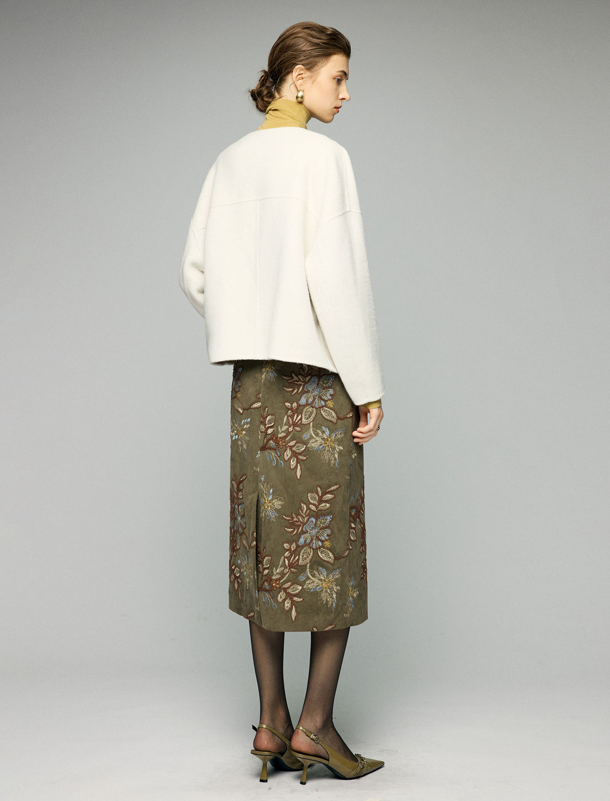 Wool Blend Beaded Floral Applique Crewneck Cropped Jacket