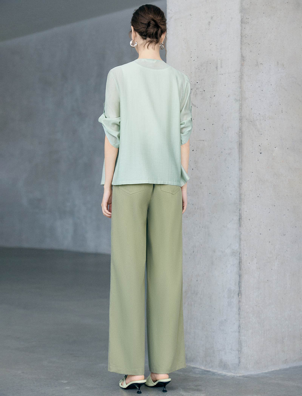 Light Sage Roll Tab Sleeve Open Front Moto Jacket