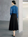 Blue Floral Print Tie Neck Long Sleeve Chiffon Blouse