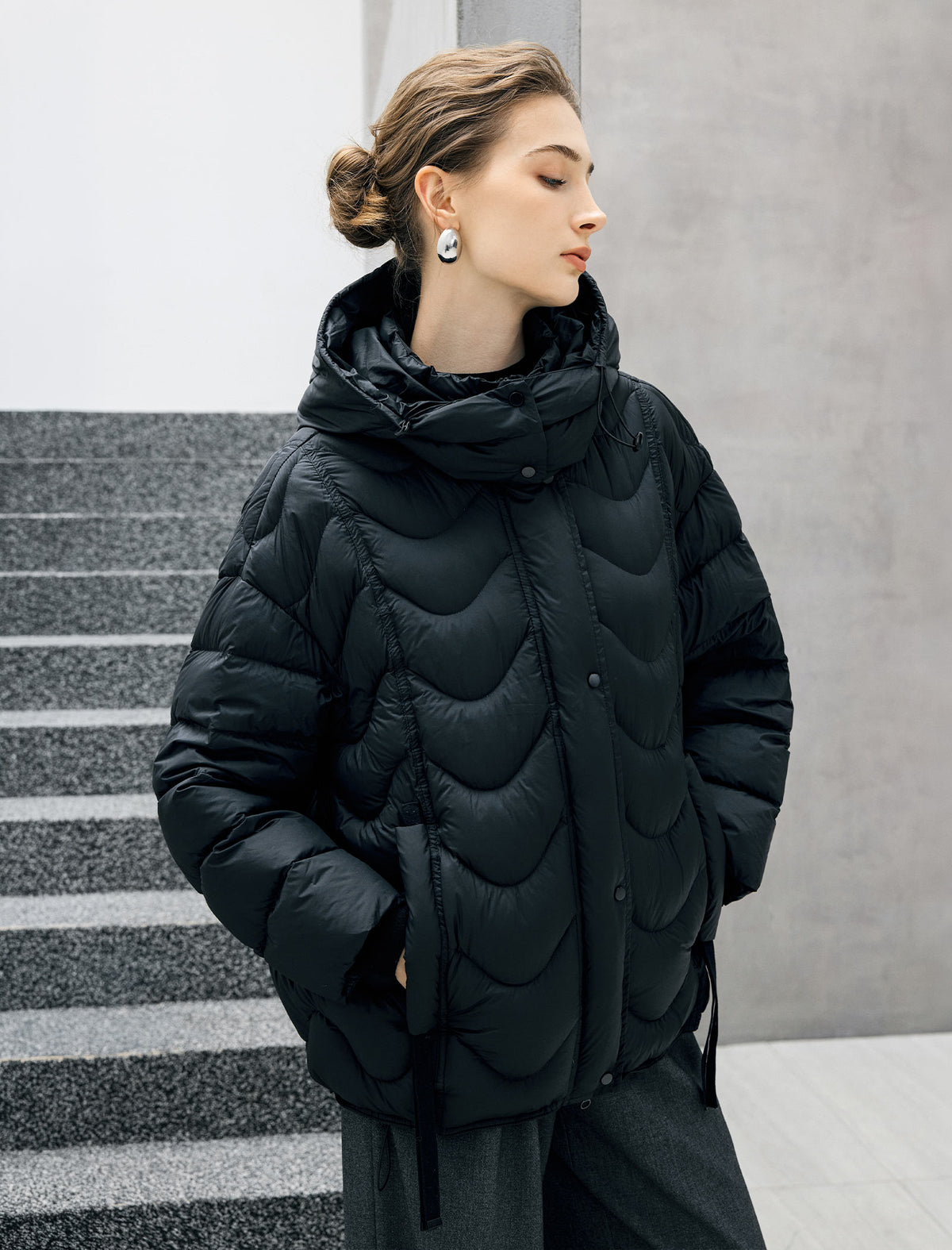 Wave-Quilted Hooded Drawstring Cropped Puffer Jacket