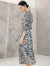 Abstract Floral Print Belted Long Sleeve Midi Shirt Dress