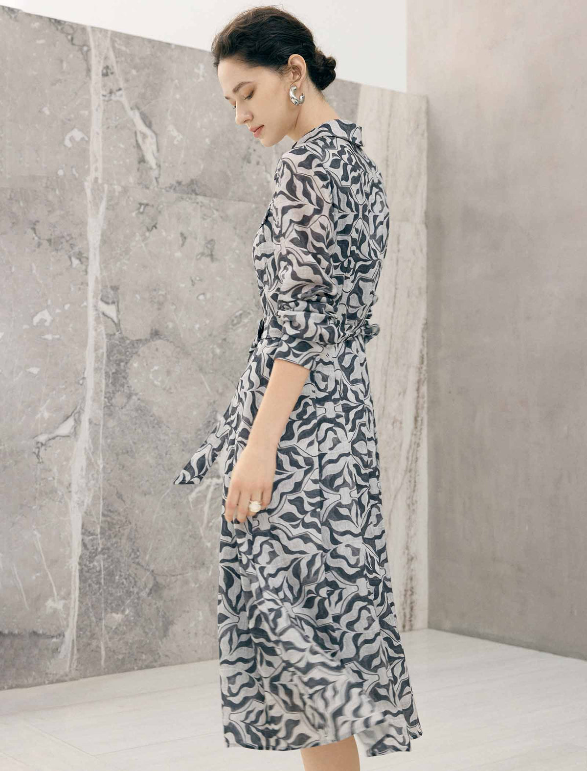 Abstract Floral Print Belted Long Sleeve Midi Shirt Dress