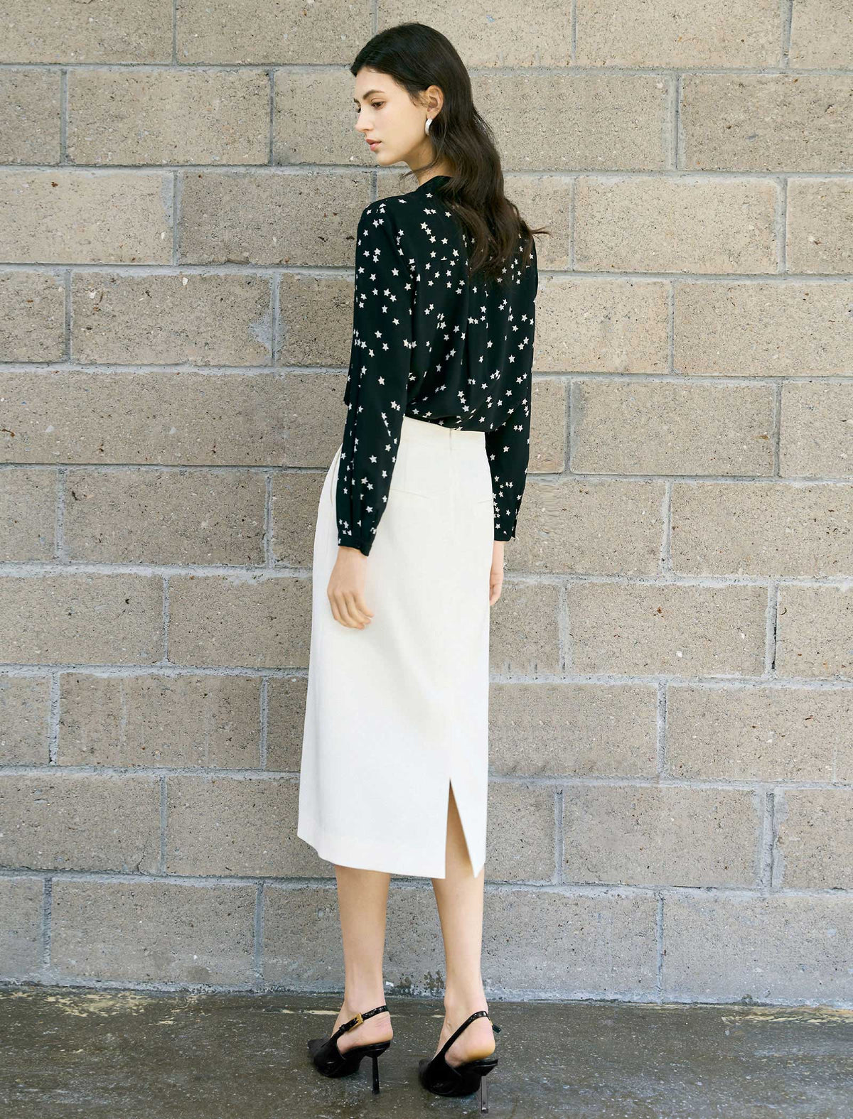 Star Print Mandarin Collar Blouse