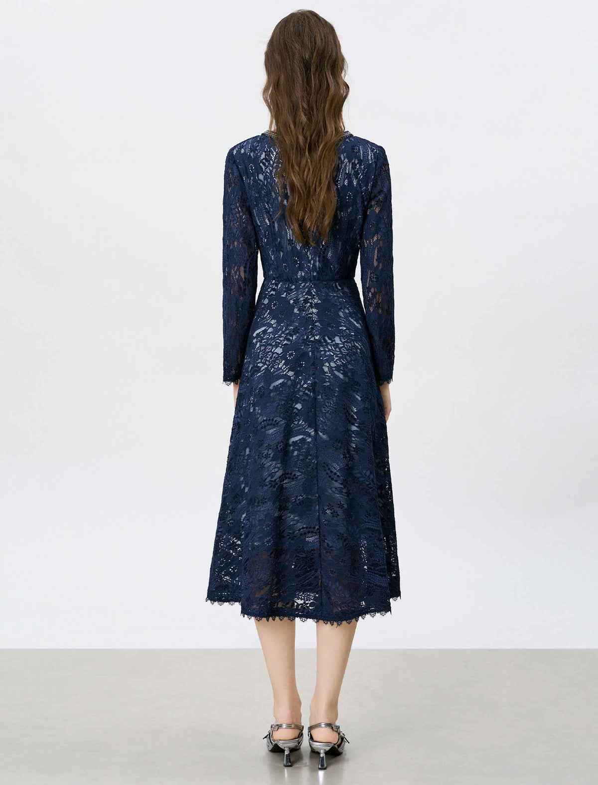 Navy Blue Beaded Neckline Lace Midi Dress