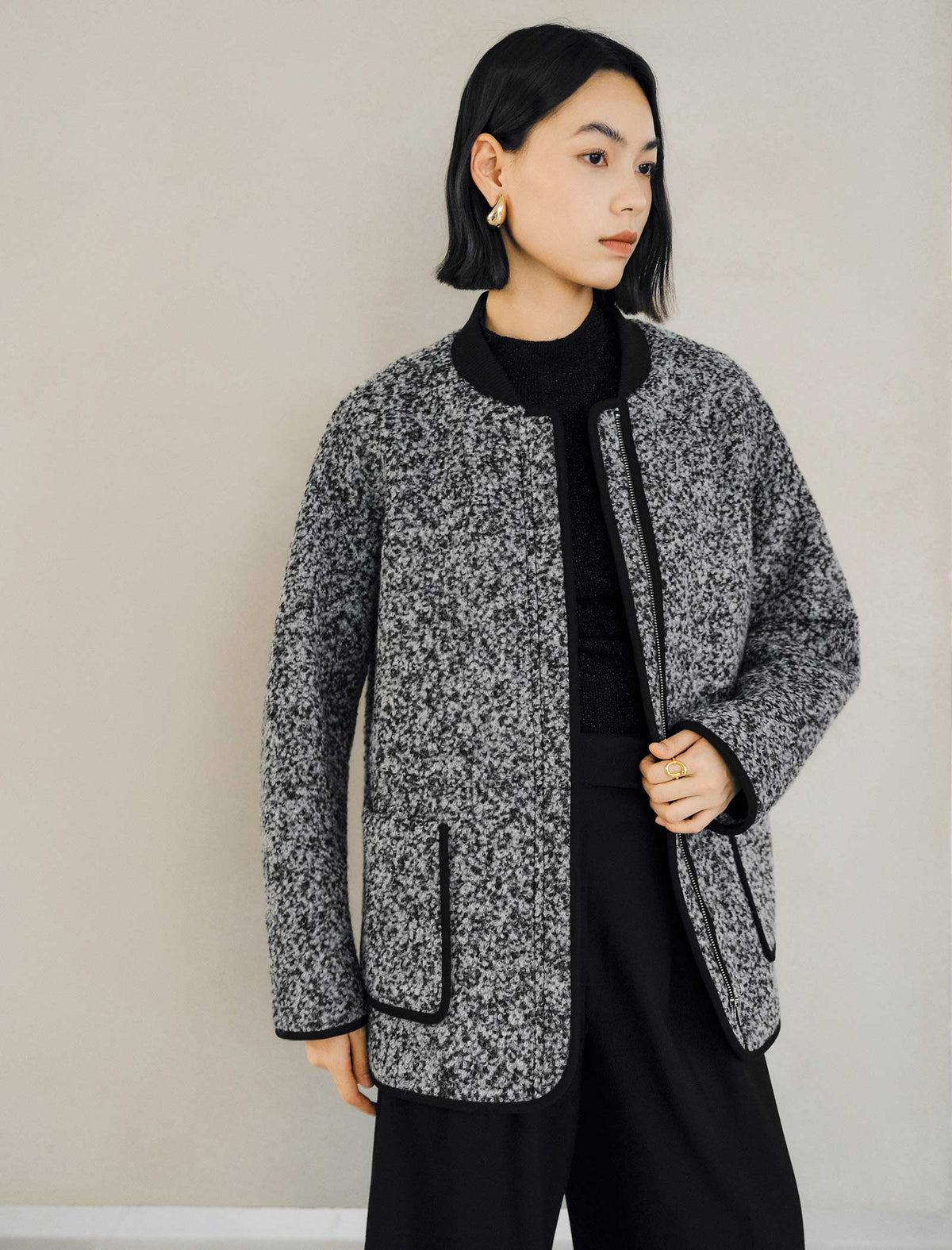 Wool-Blend Pocket Detail Bomber Jacket