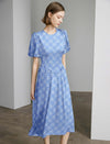 Gingham Print Puff-Sleeve Pleated Midi Dress