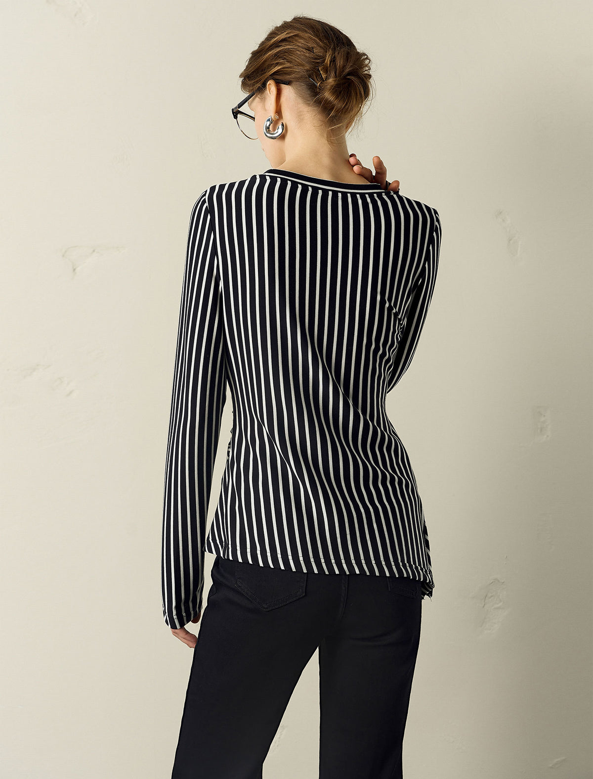 Stripe Long-Sleeve Side-Ruched Top