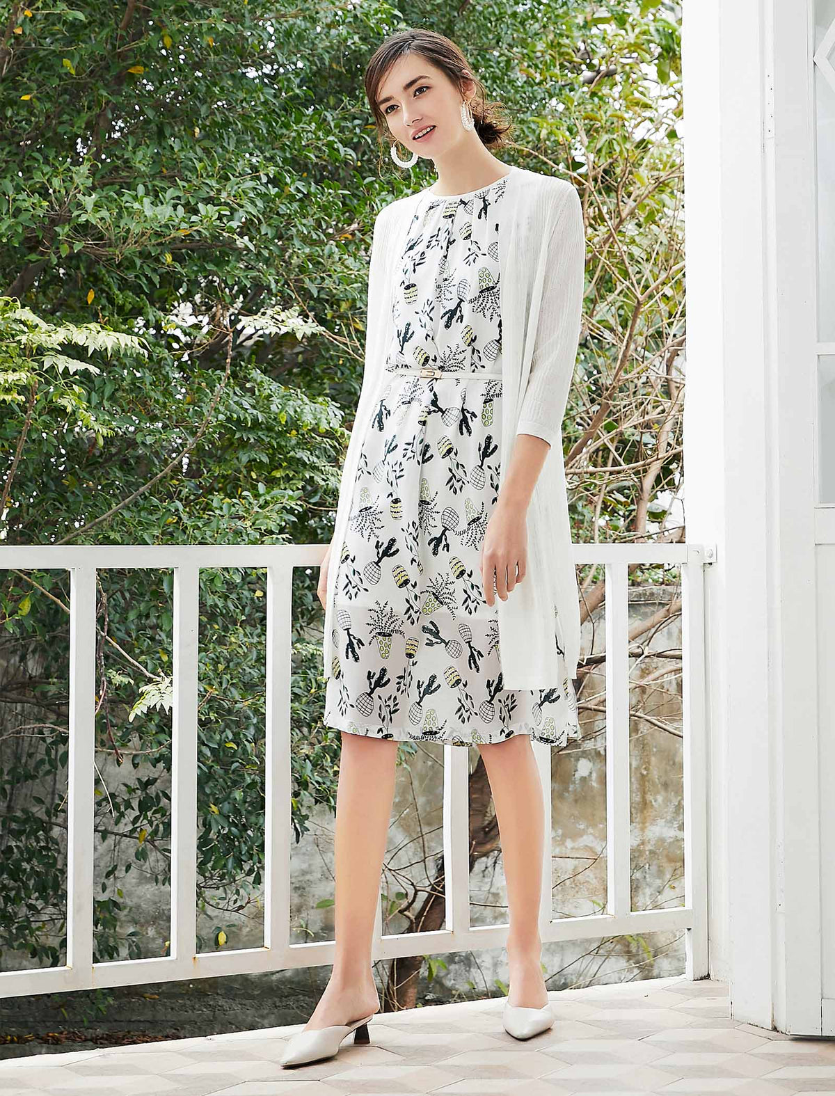 Cactus Print Silk Sleeveless Midi Dress