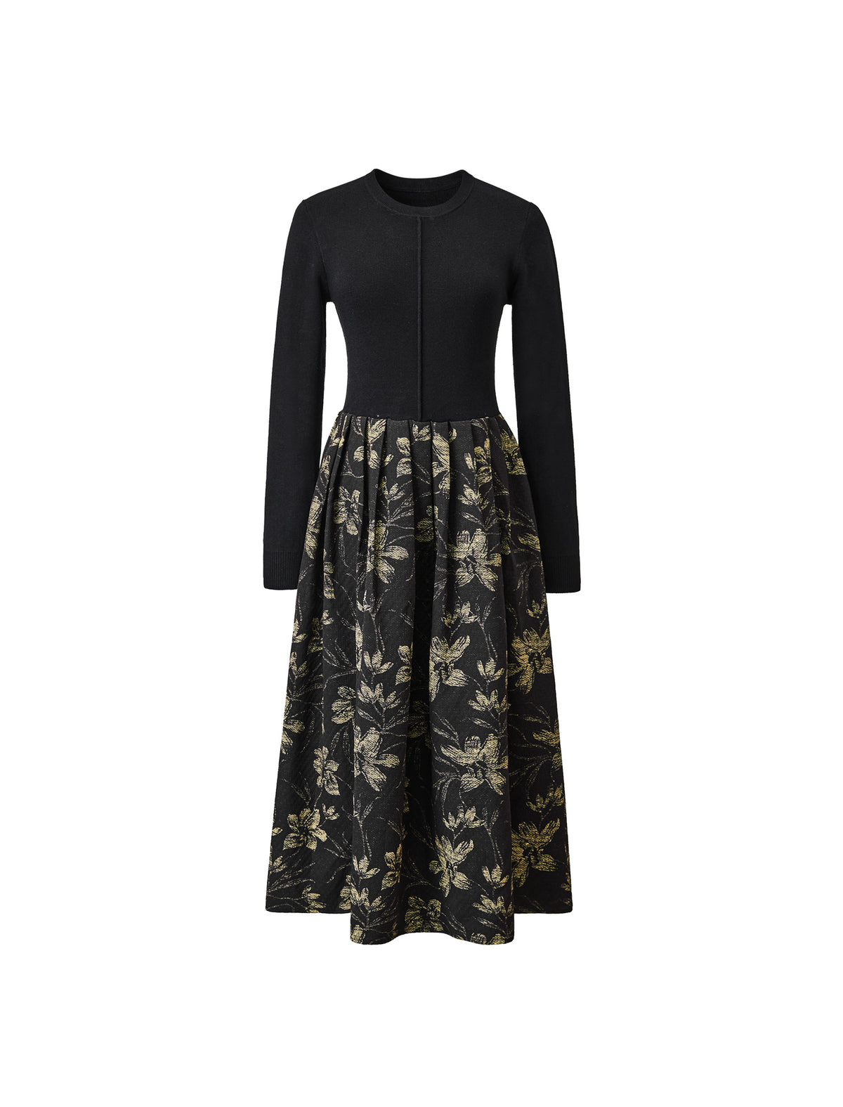 Floral Print Long-Sleeve Mixed-Media Midi Dress