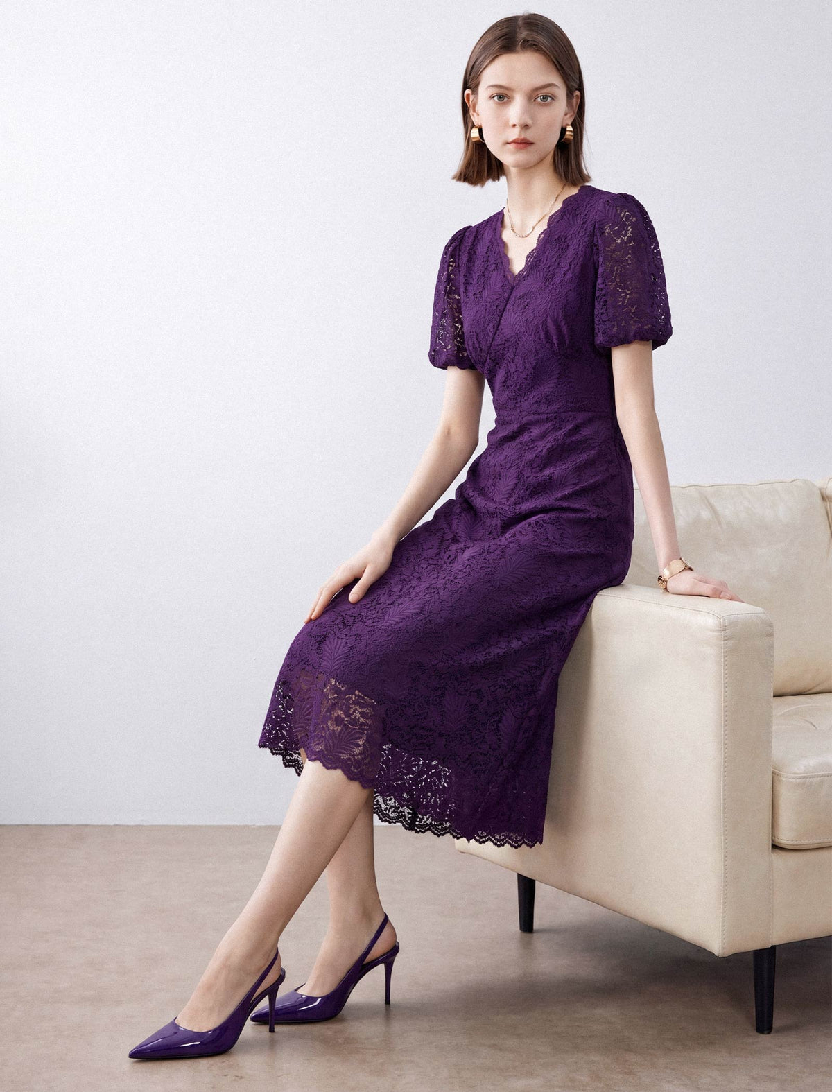 Lace Floral V-Neck Puff Sleeve Midi Dress