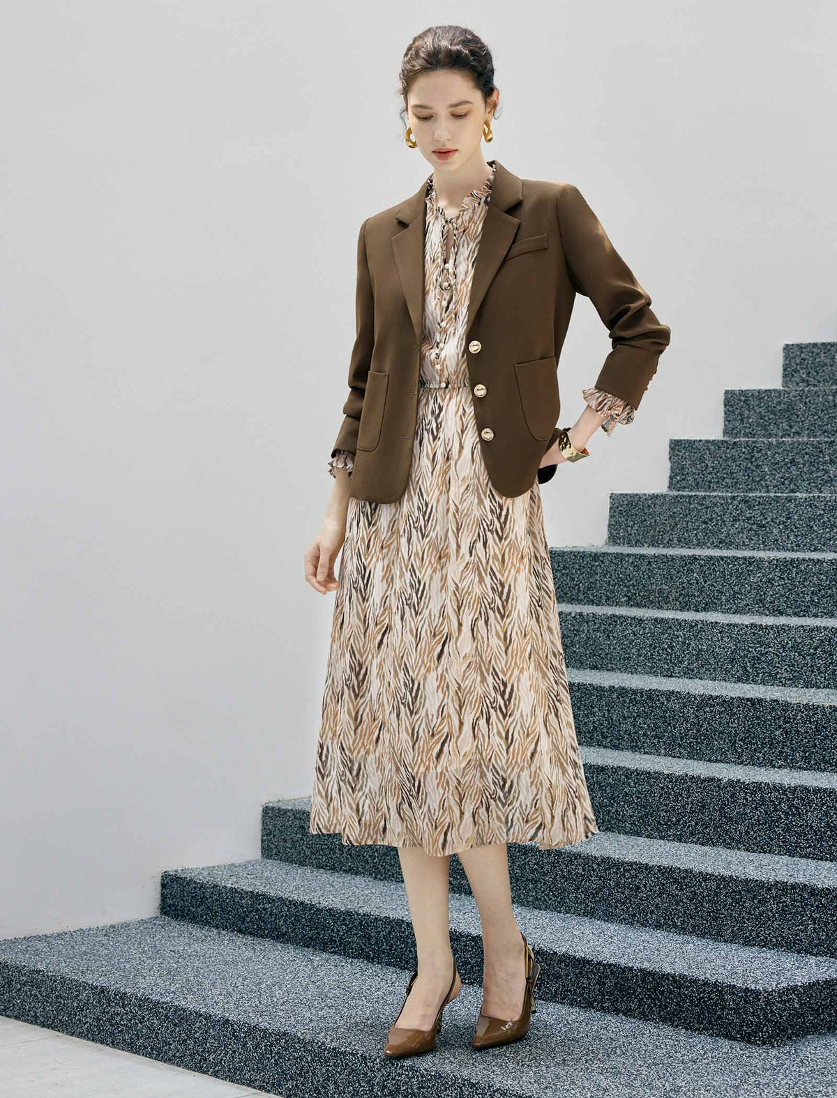 Floral Print Tie Neck Long Sleeve Midi Dress