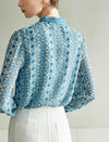 Teal Geometric Tie-Neck Blouse