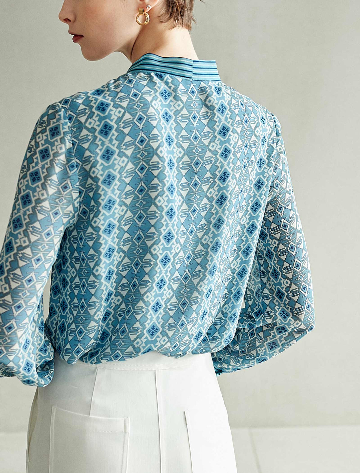 Teal Geometric Tie-Neck Blouse