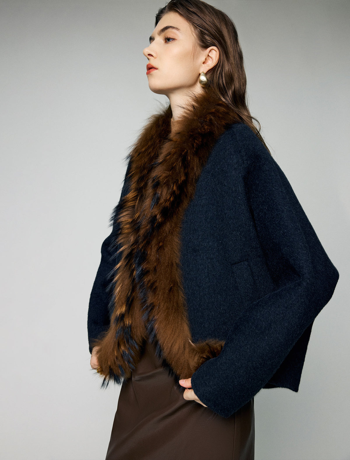 Wool Blend Plush-Collar Open-Front Cropped Jacket