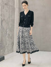 Abstract Floral Print Paneled A-Line Midi Skirt