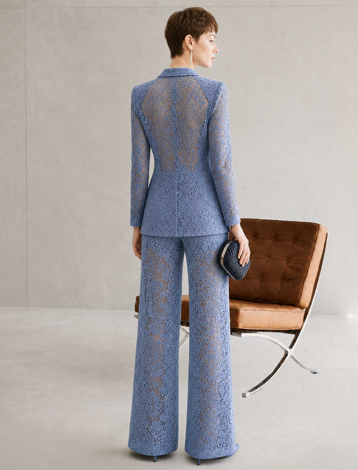 Dusty Blue Lace Wide-Leg Pants