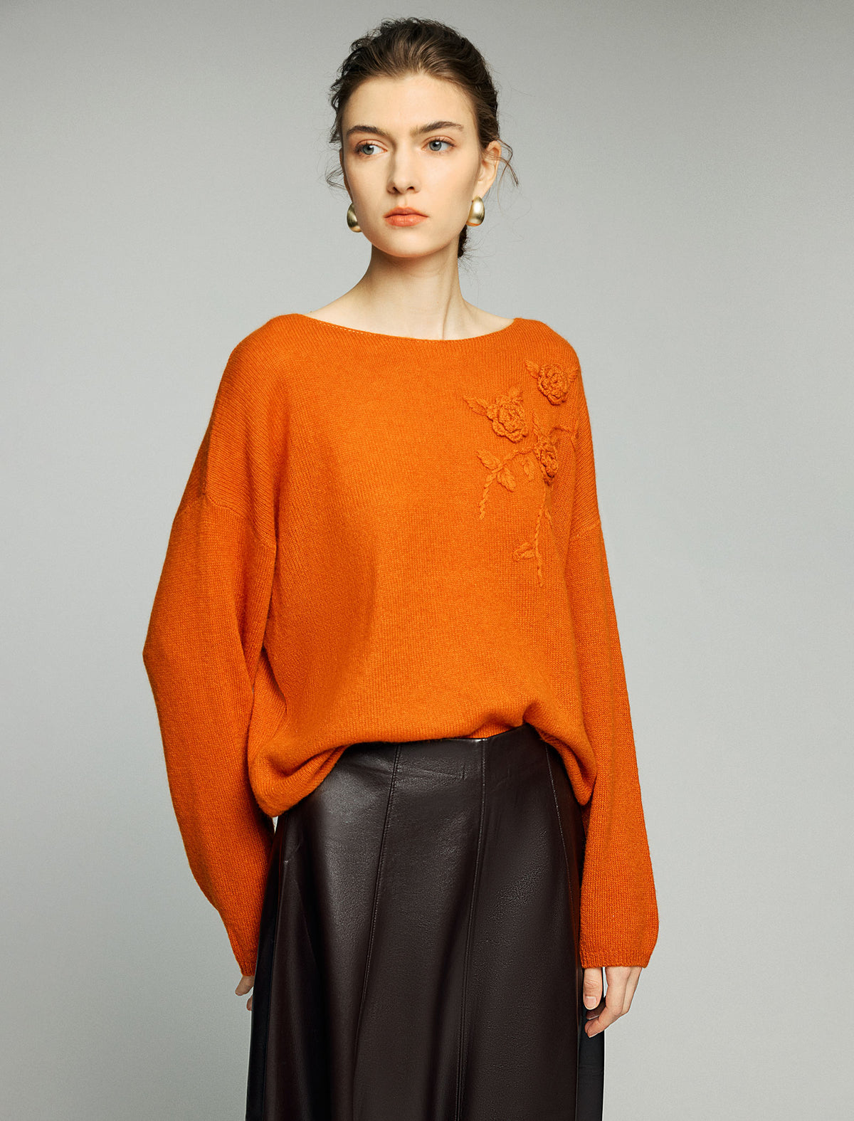 Wool Blend Floral Applique Boatneck Relaxed Sweater