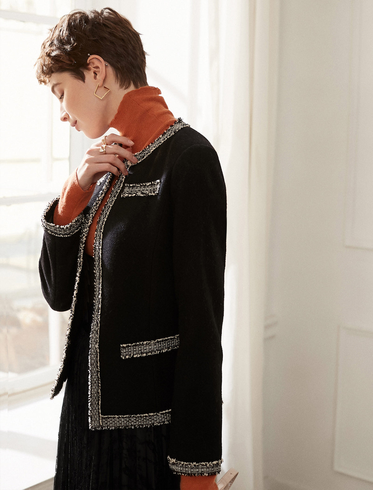 Wool Blend Braided-Trim Hook-Front Fitted Jacket