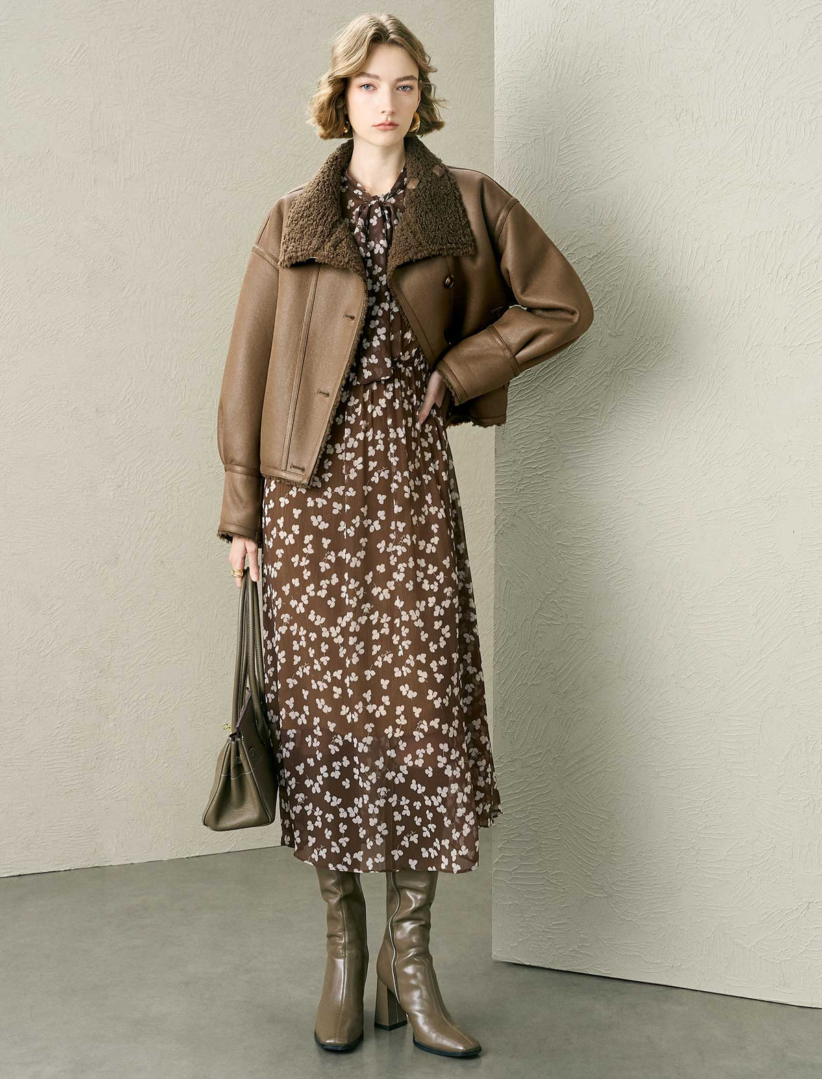 Coffee Reversible Faux Shearling Cropped Jacket