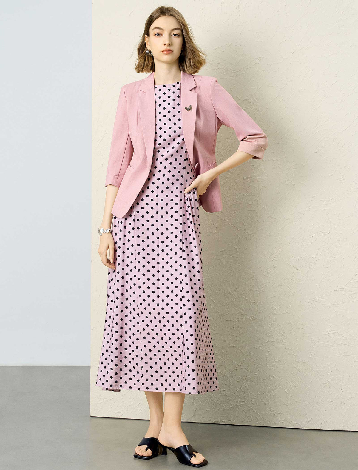Dusty Pink Single Button Rolled Cuff 3/4 Sleeve Blazer