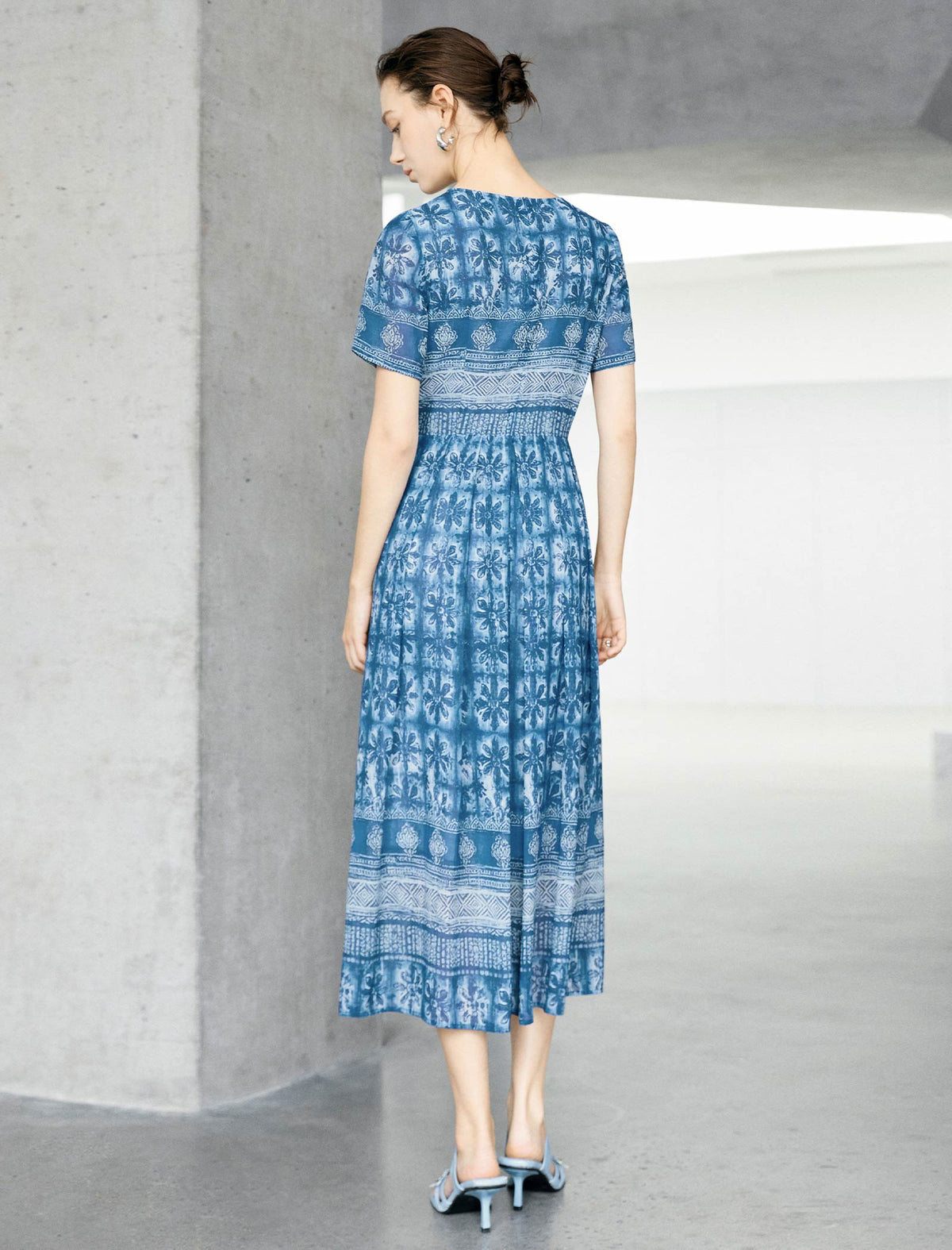 Blue Ikat Print Defined-Waist Midi Dress