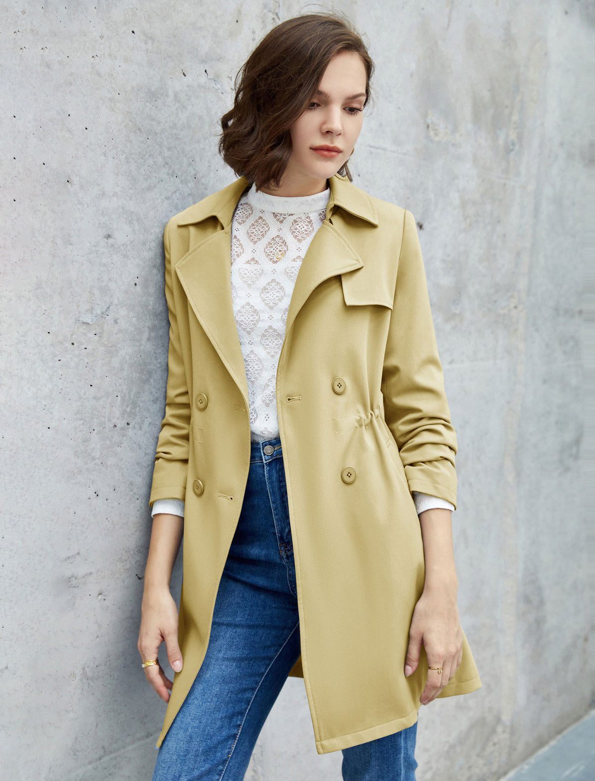 Drawstring Waist Double-Breasted Long Sleeve Trench Coat
