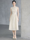 Textured Floral Sleeveless Beaded-Neckline A-Line Midi Dress