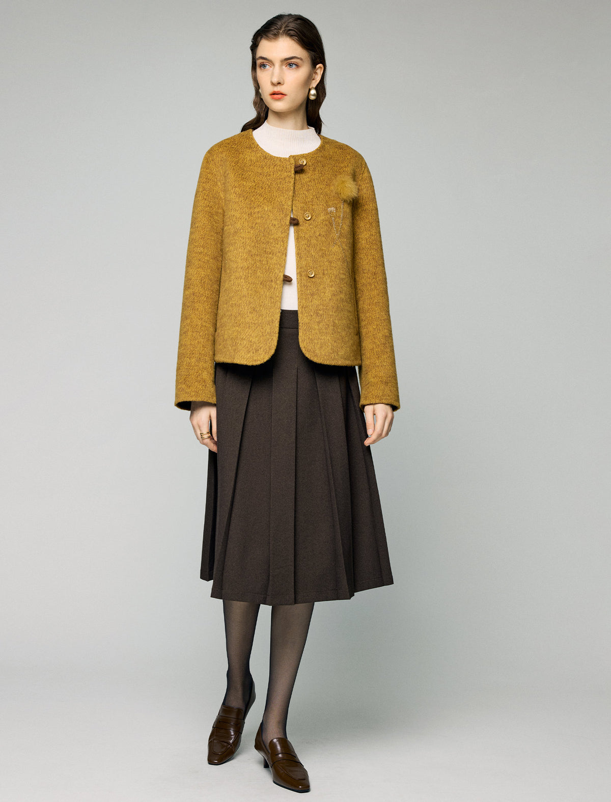 Wool Blend Metallic-Stripe Crewneck Button-Front Cropped Jacket