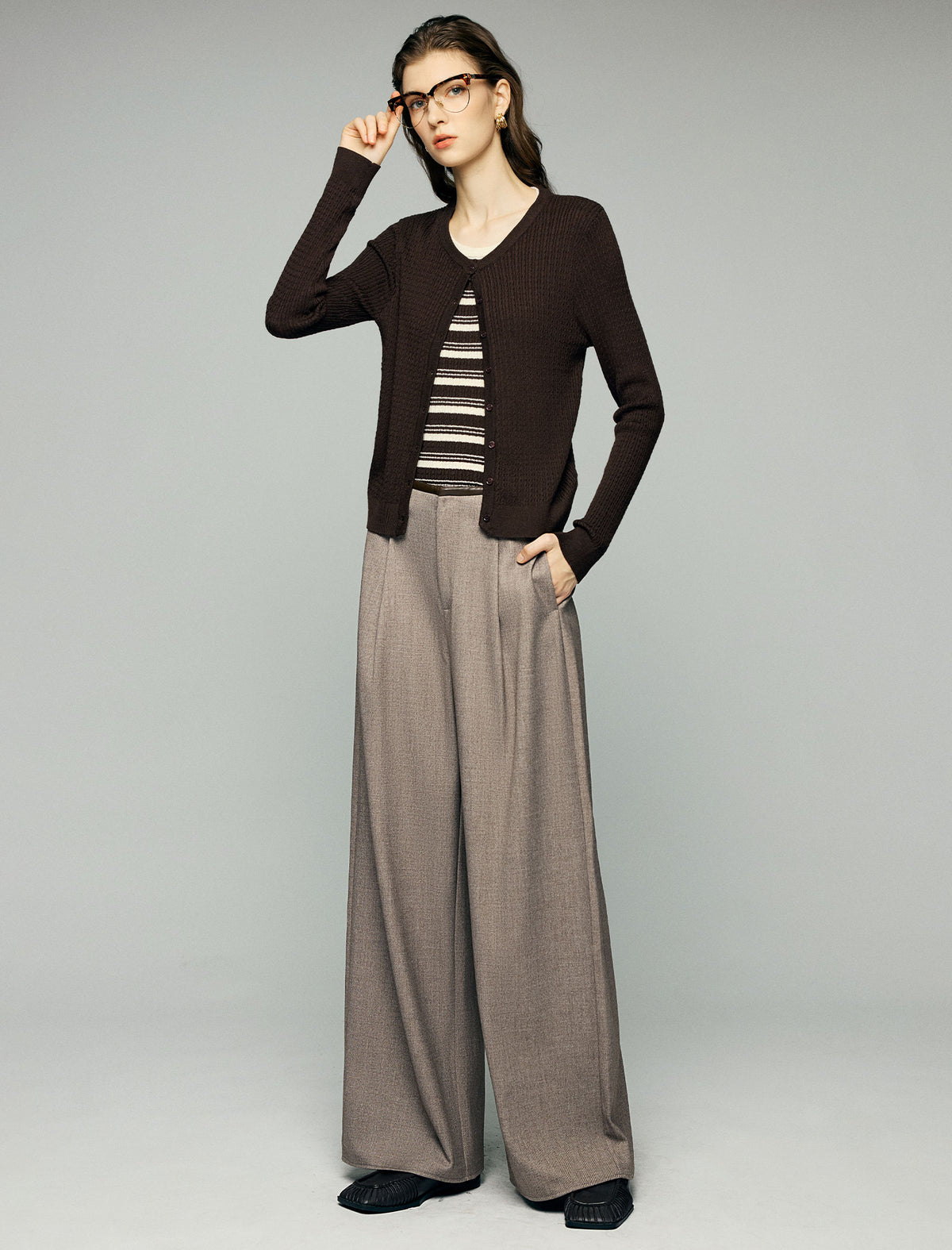 Wool Blend Pleated High-Waist Wide-Leg Pants