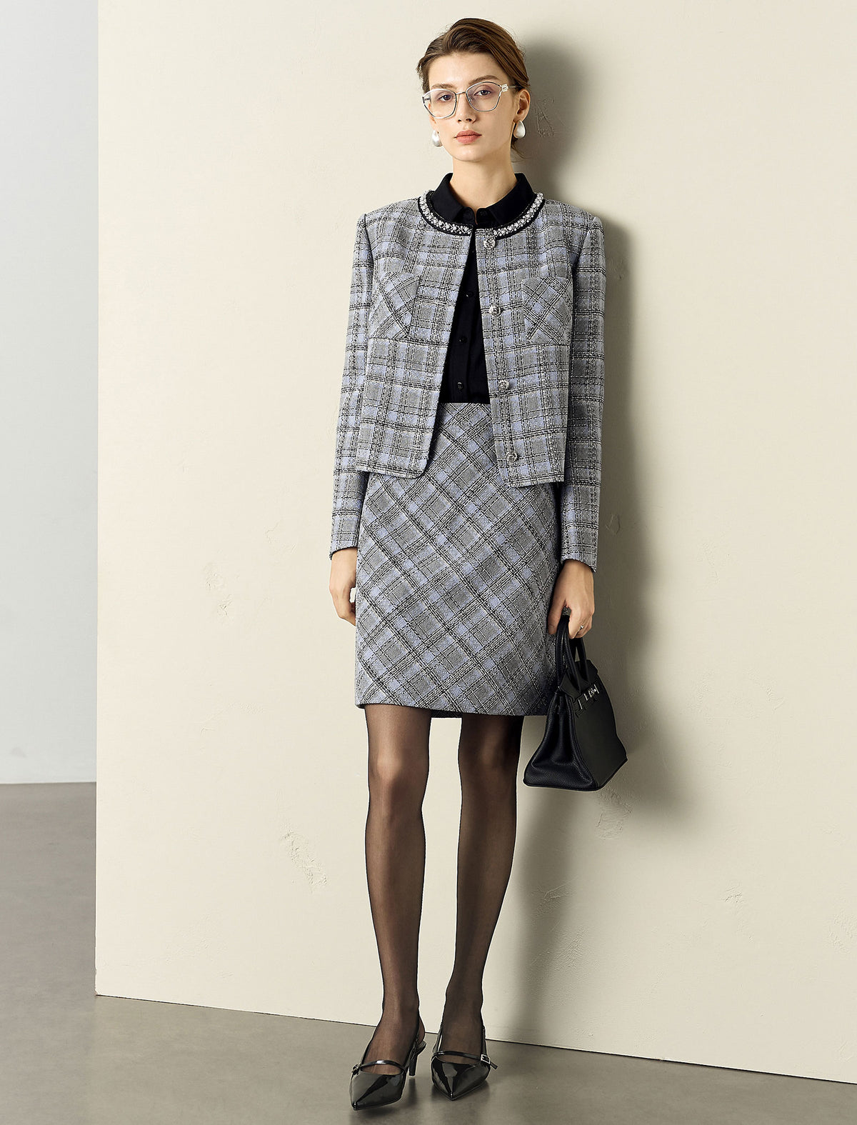 Plaid Tweed Jacket with Pearl Trim Collar