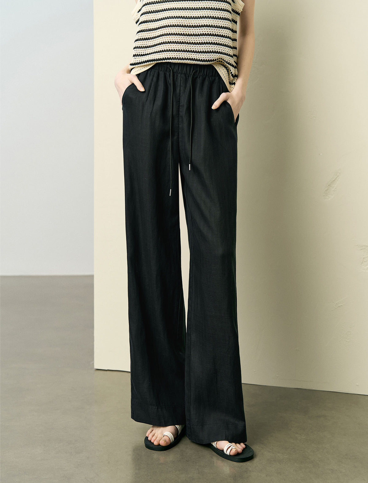 Linen Wide-Leg Drawstring Pants