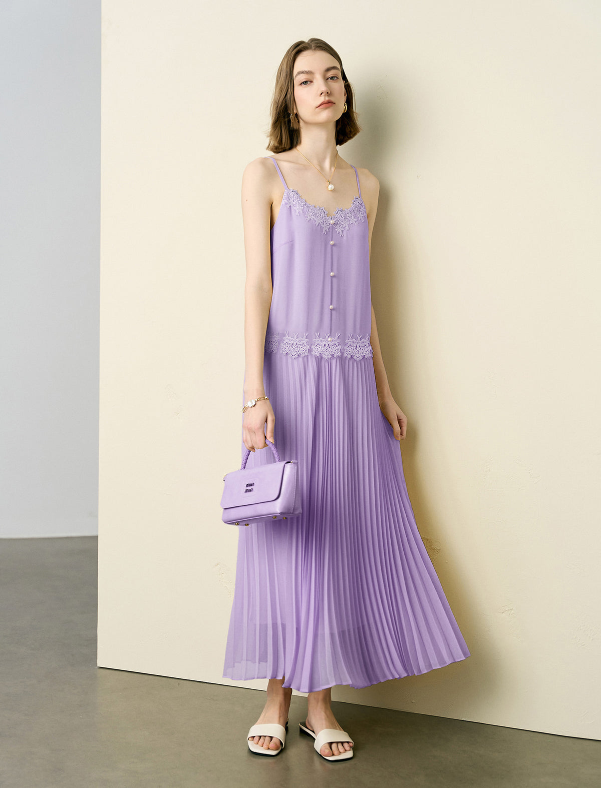 Chic Lace Embellished Pleated Slip Midi Dress