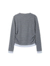 Stripe Long-Sleeve Notch-Neck Ruched Top