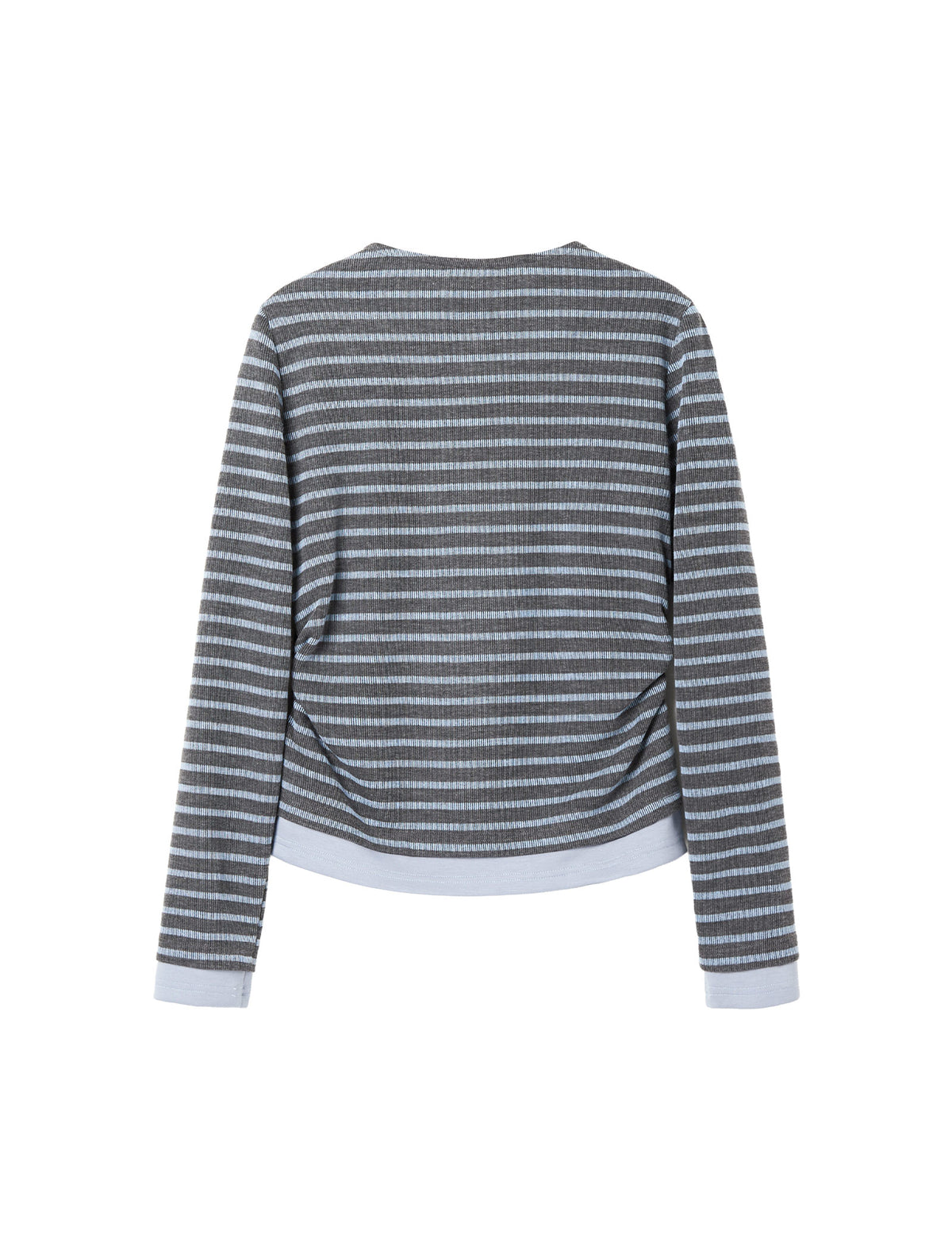 Stripe Long-Sleeve Notch-Neck Ruched Top