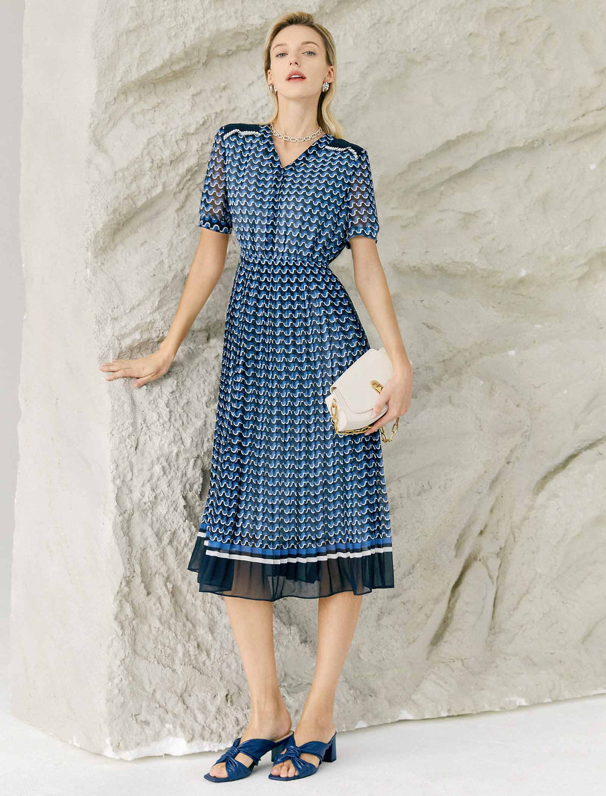 Blue Wave Print Pleated Dress
