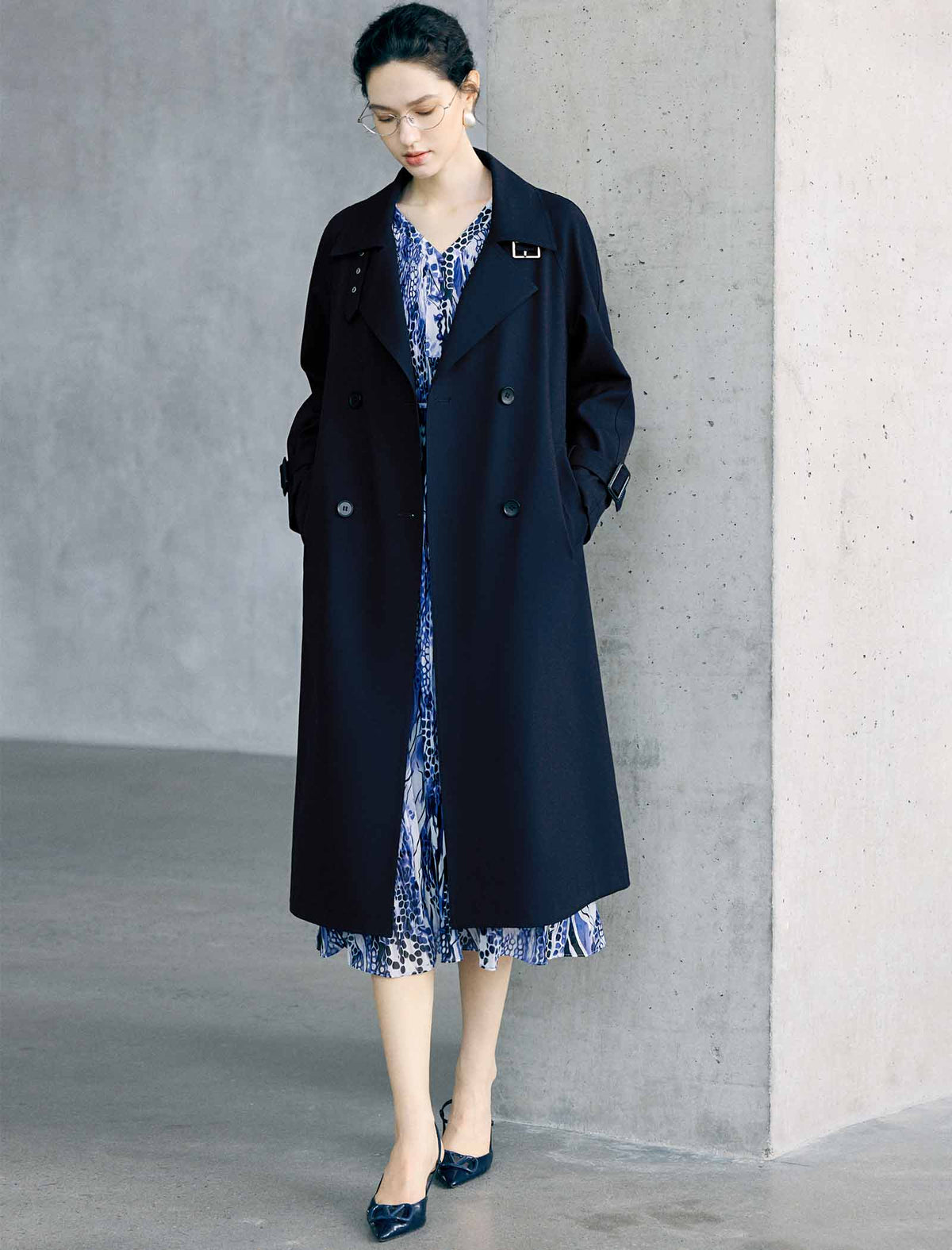Abstract Floral Print Belted Long Sleeve Midi Dress
