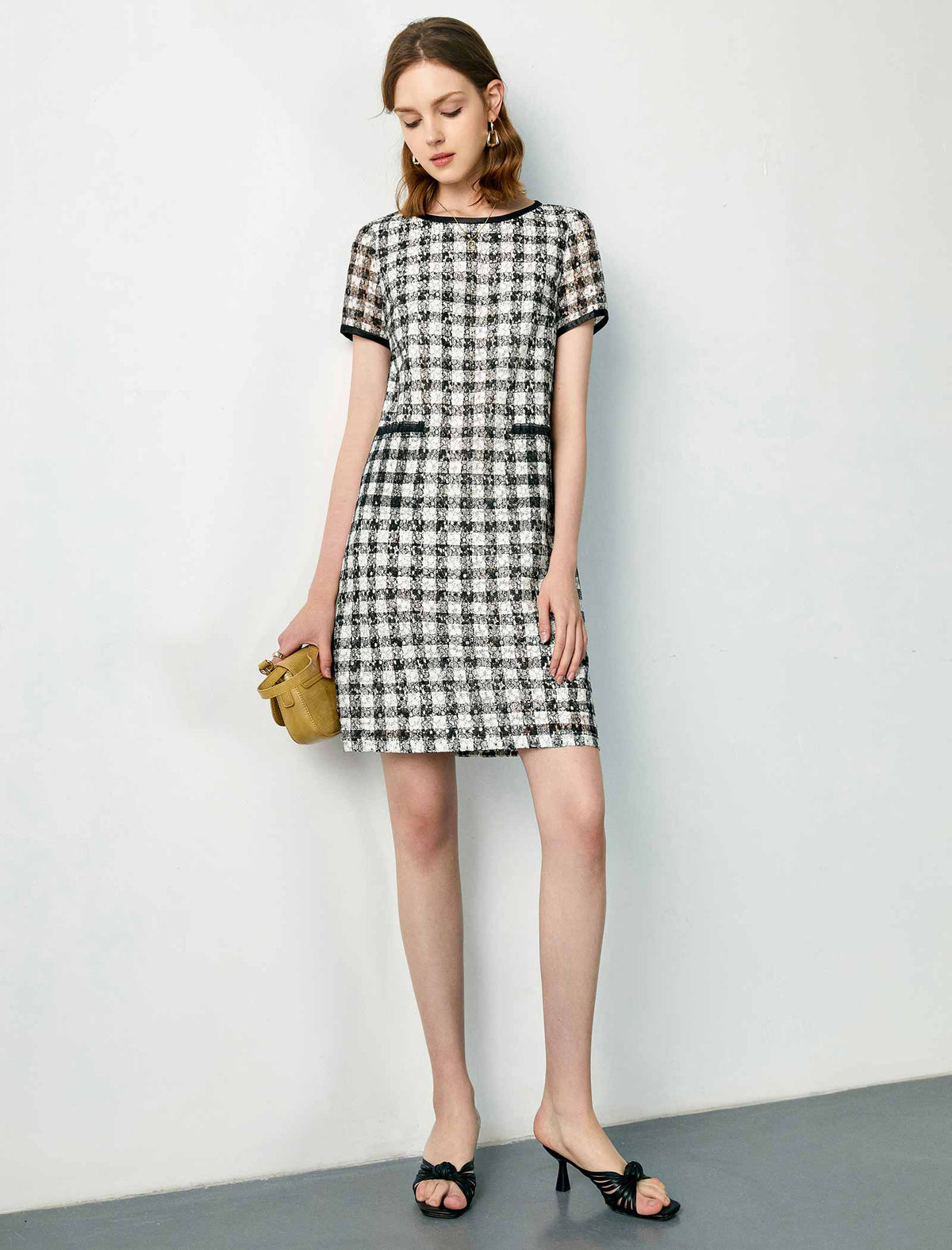 Plaid Lace Straight Short Sleeve Dress