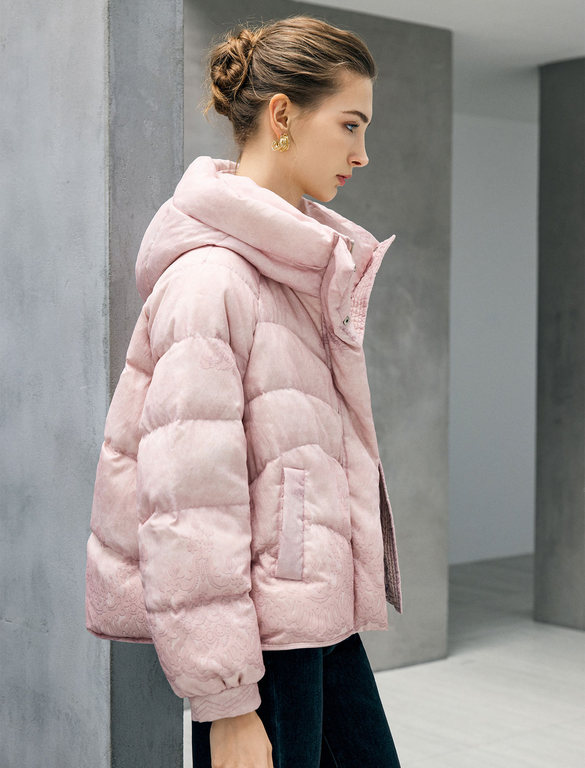 Floral Pattern Hooded Zip-Front Cropped Puffer Jacket