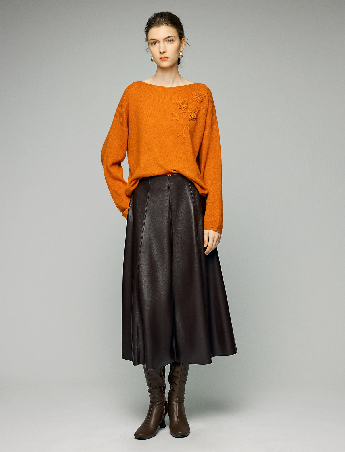 Wool Blend Floral Applique Boatneck Relaxed Sweater
