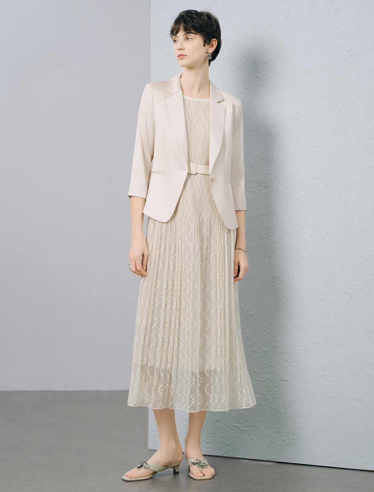 Wave Lace Boat Neck Belted Pleated Midi Dress