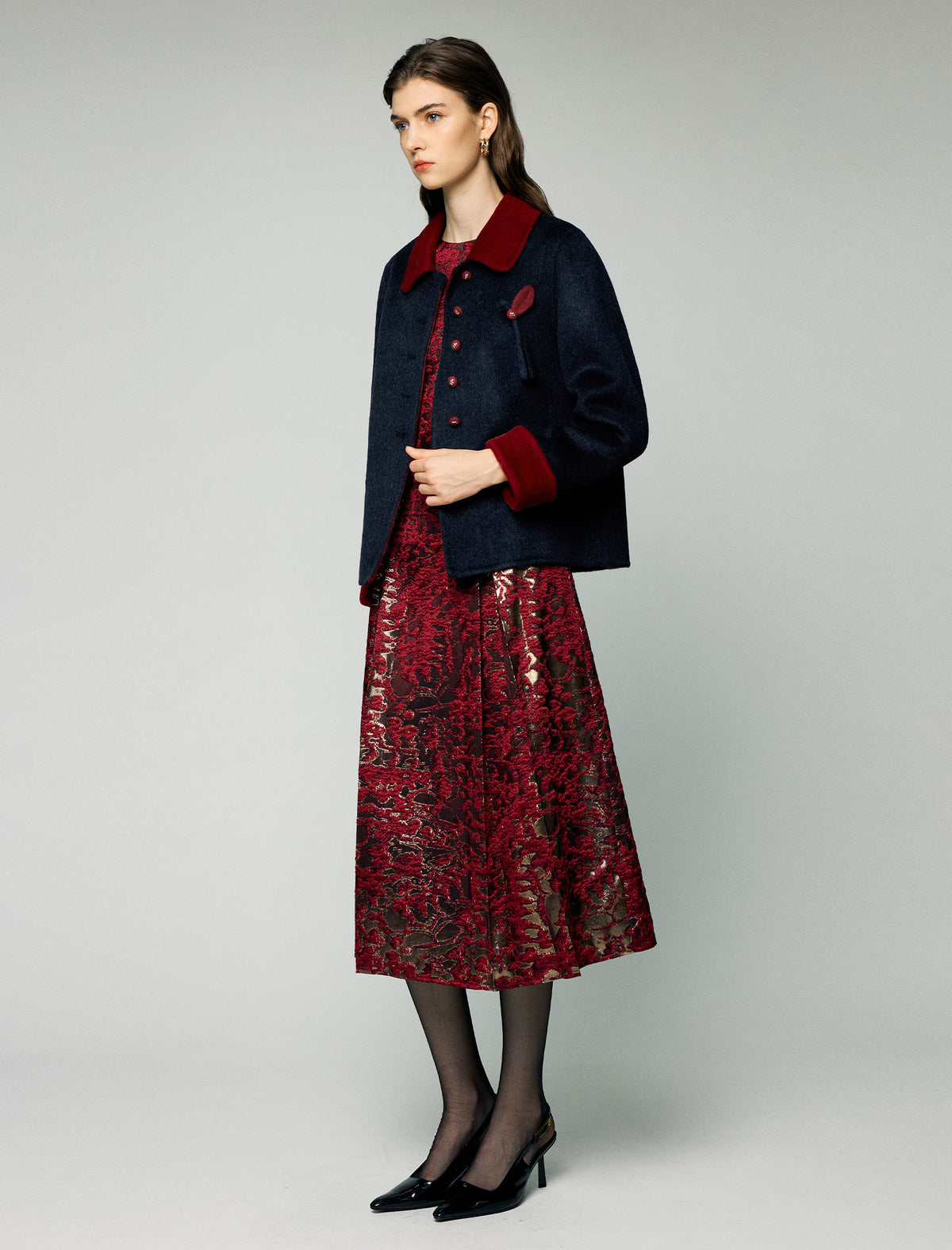 Wool Contrast-Collar Button-Front Cropped Jacket